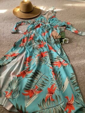 SHEIN Turquoise Maxi Dress with Coral Floral Print
